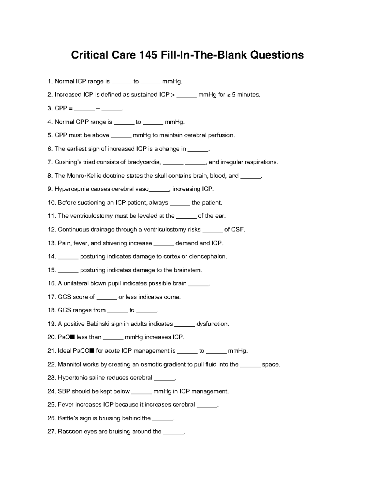 Critical Care 145 Fill-In Questions for Exam Preparation - Studocu