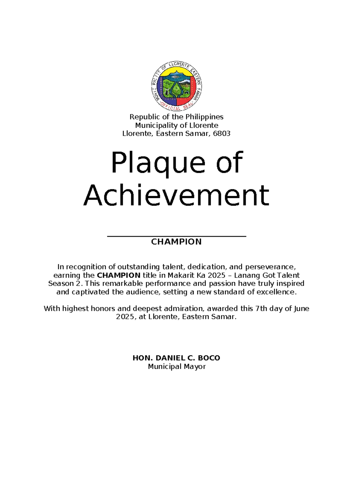 Plaque of Achievement Notes - Makarit Ka 2025 Talent Competition - Studocu