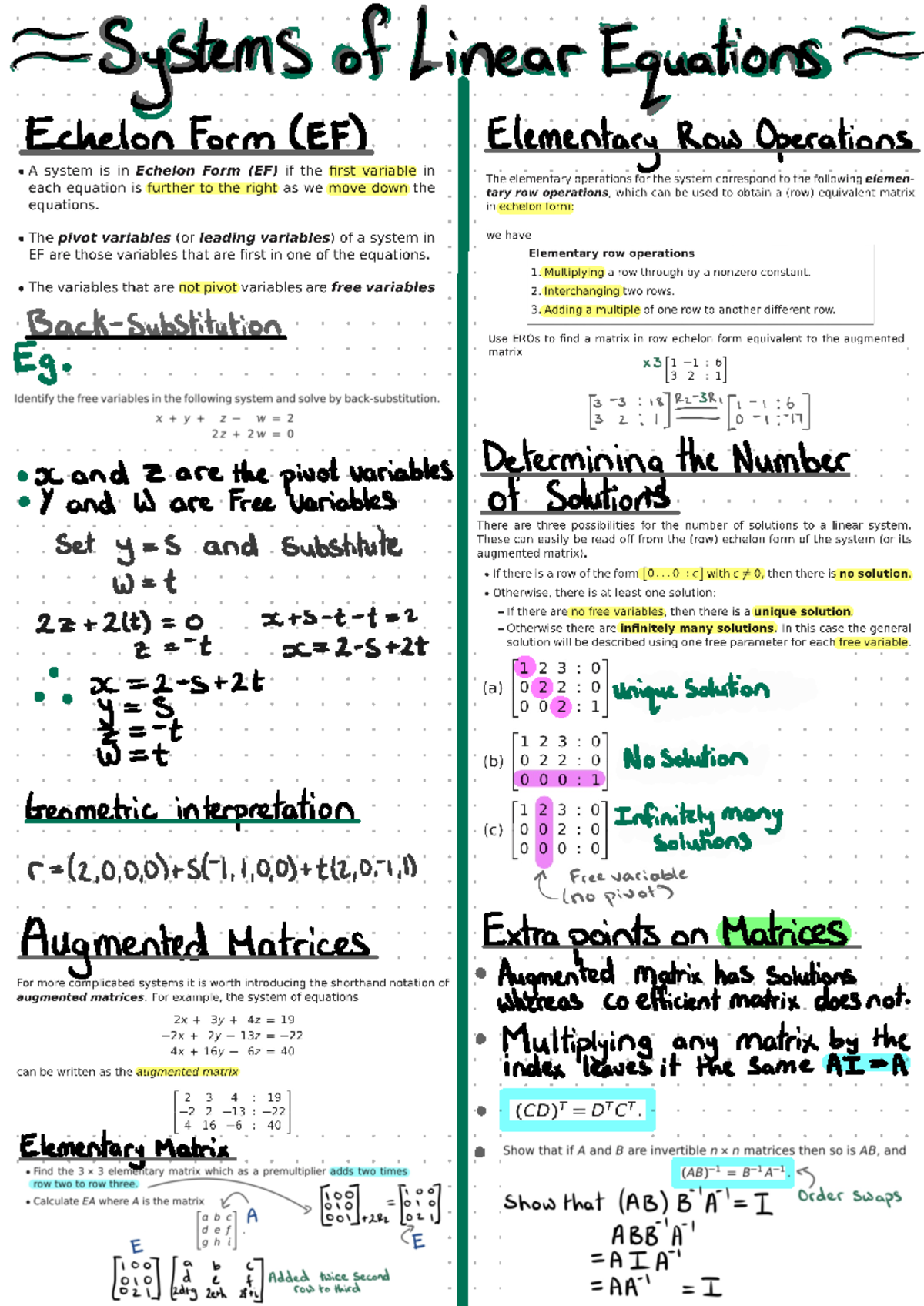 Matrices Cheat Sheet for TE-skgyysssltt-eer: Echelon, Inverses 