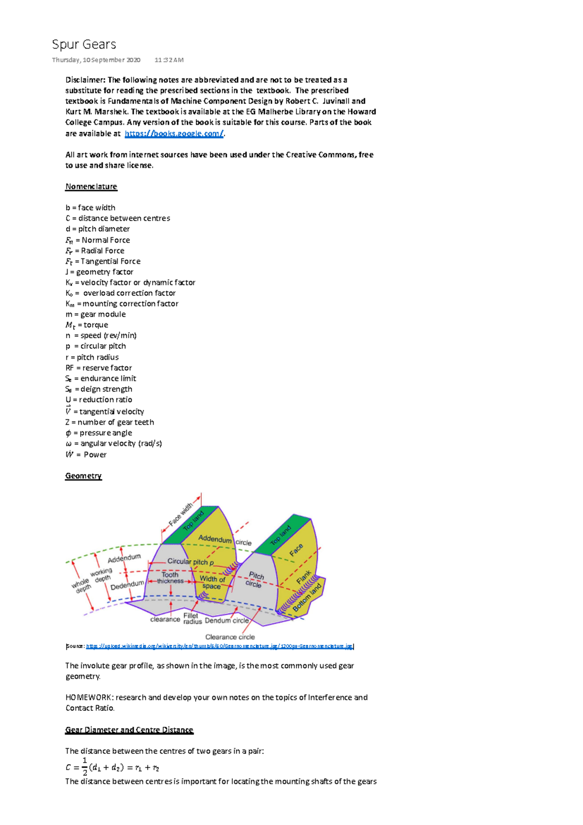 Notes - Spur Gears - ME Design Fundamentals - Studocu