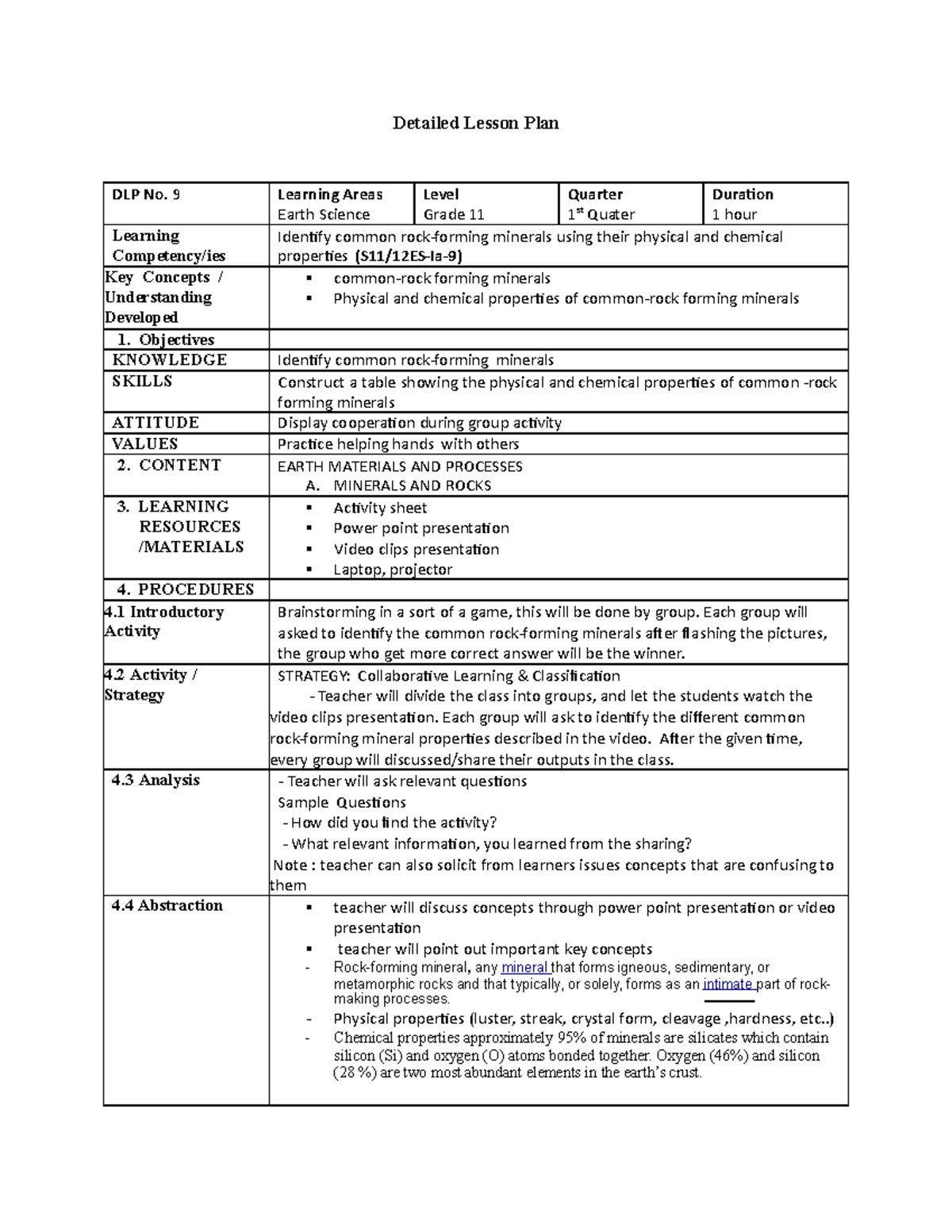 Grade 11 Earth Science DLP: Comprehensive Lesson on Minerals & Rocks ...