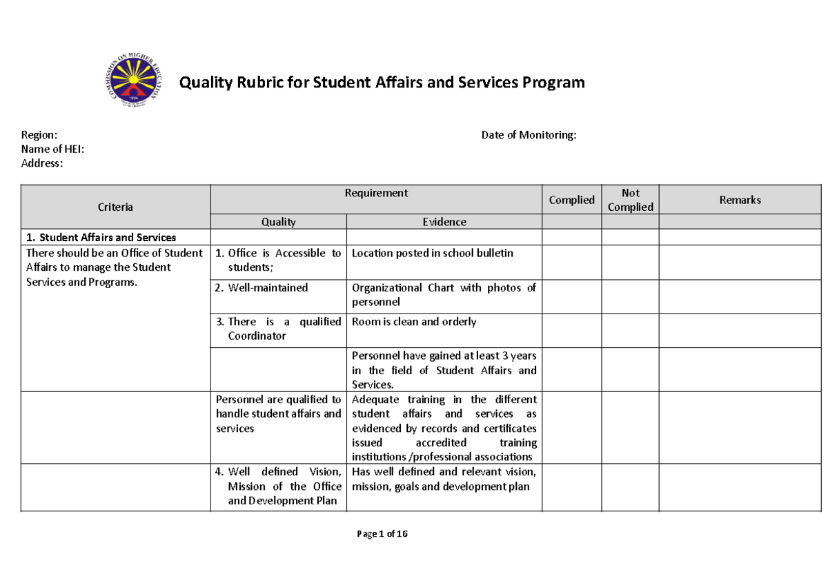 Quality Rubric for Student Affairs & Services Program (HEI) - Studocu
