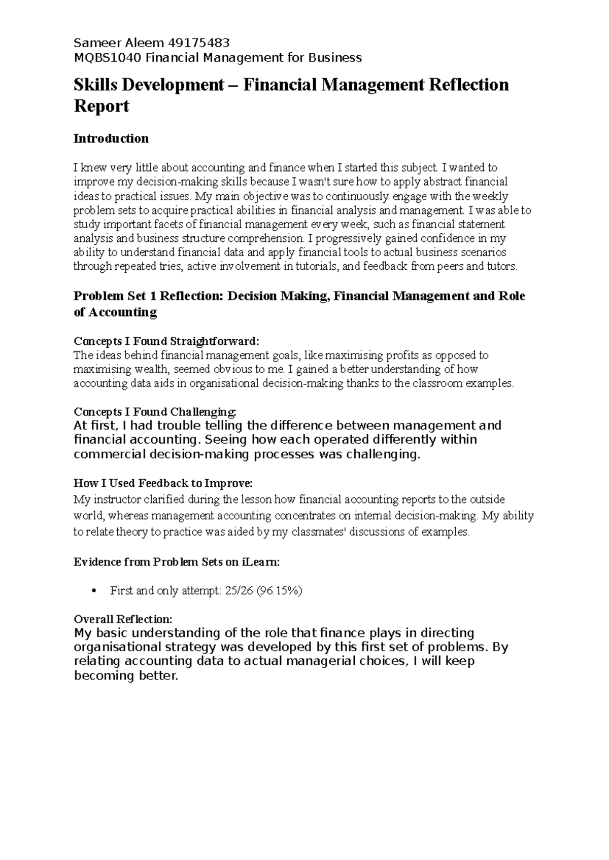 MQBS1040 Financial Management Reflection Report: Skills Development ...