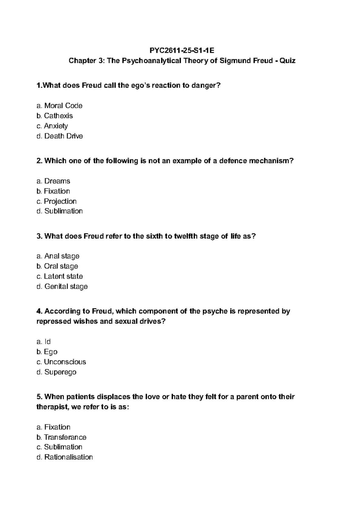 PYC2611-25-S1-1E Chapter 3 Psychoanalytical Theory Quiz - Studocu