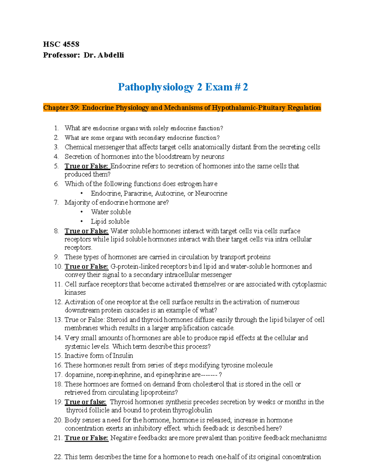 HSC 4558 Pathophysiology 2 Exam 2 Study Guide: Endocrine Physiology ...