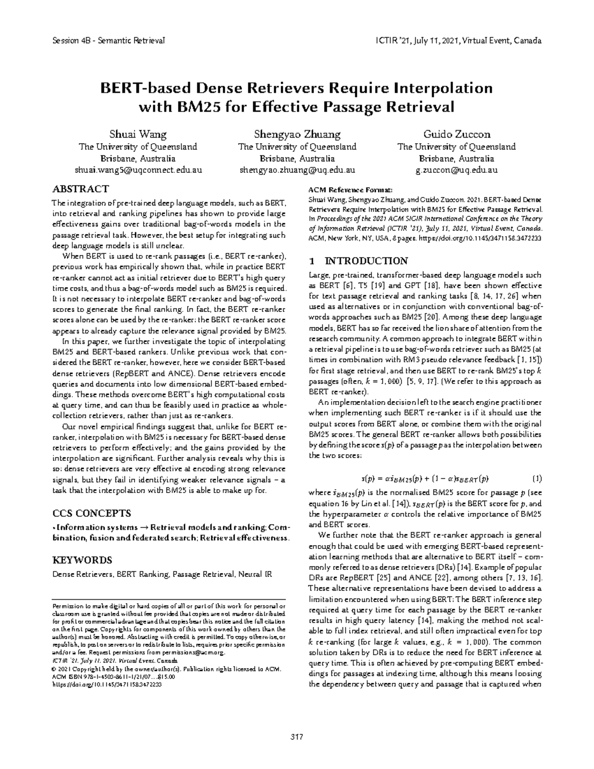 BERT-based Dense Retrievers and BM25 Interpolation for Effective ...