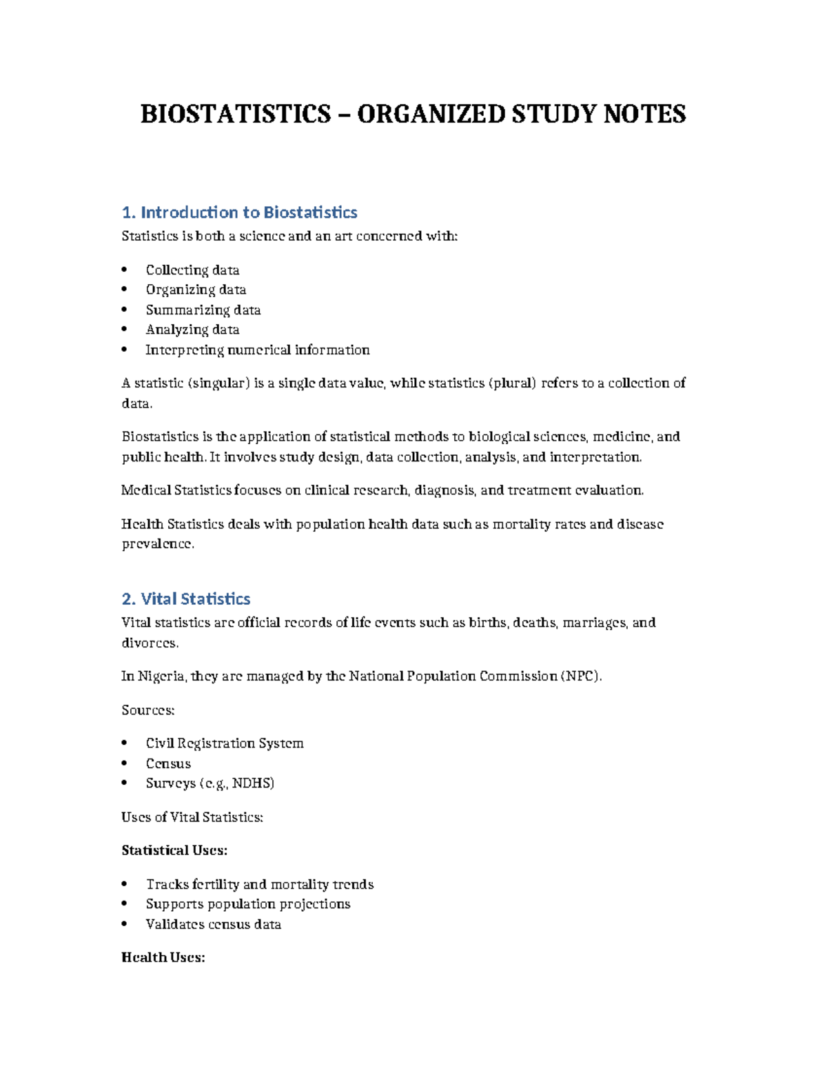 BIOSTATISTICS 101: Comprehensive Study Notes on Key Concepts - Studocu