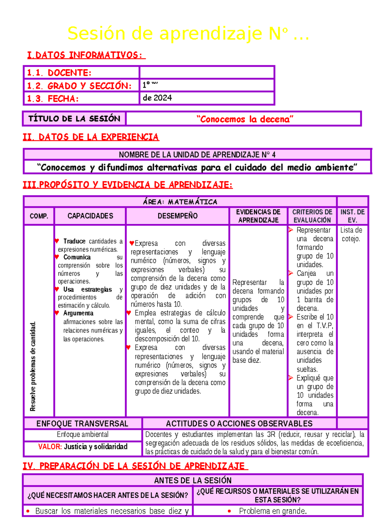 Sesión de Aprendizaje: Conocemos la Decena - 1° Grado - Maestra Janet - Document Preview