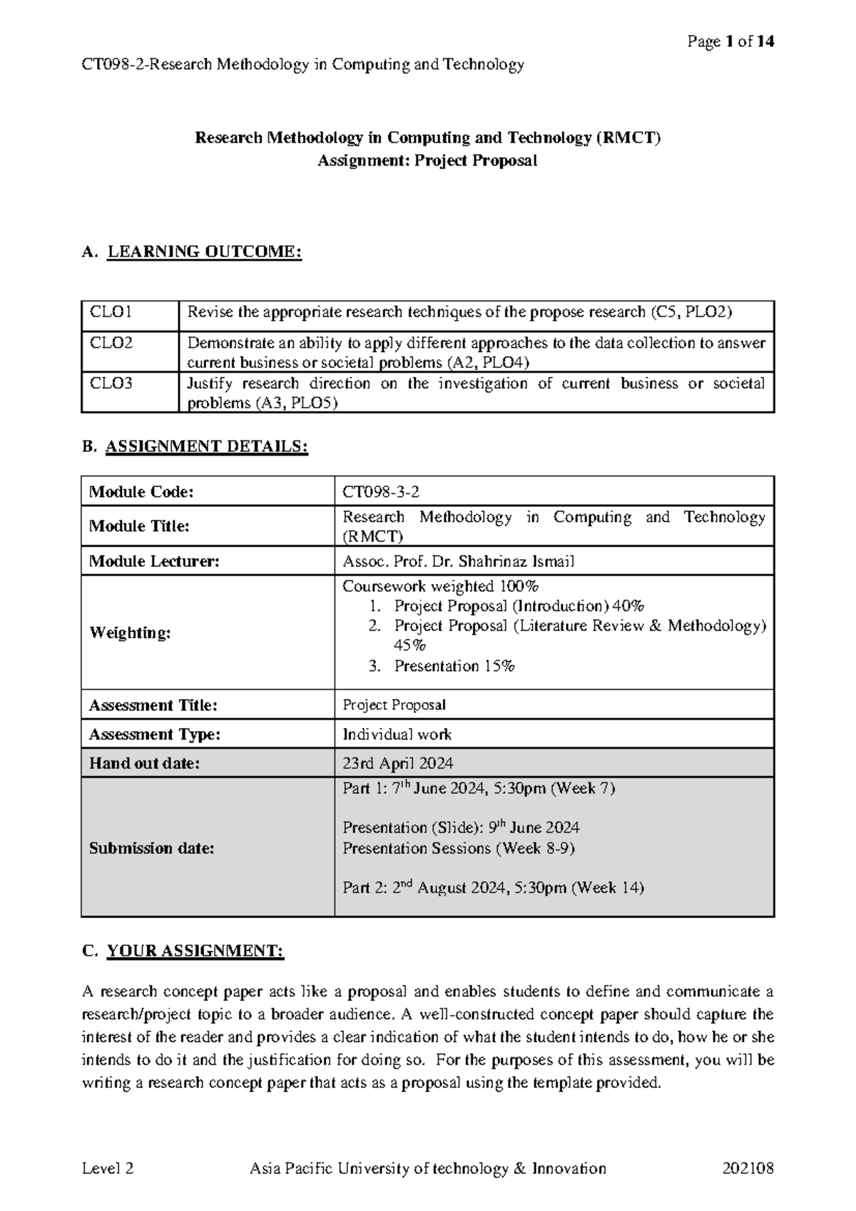 CT098-2 RMCT Project Proposal Guide and Assessment Criteria - Studocu