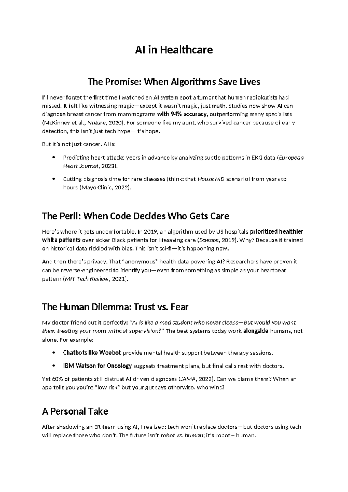 AI in Healthcare: The Promise and Peril of Algorithms in Medicine - Studocu