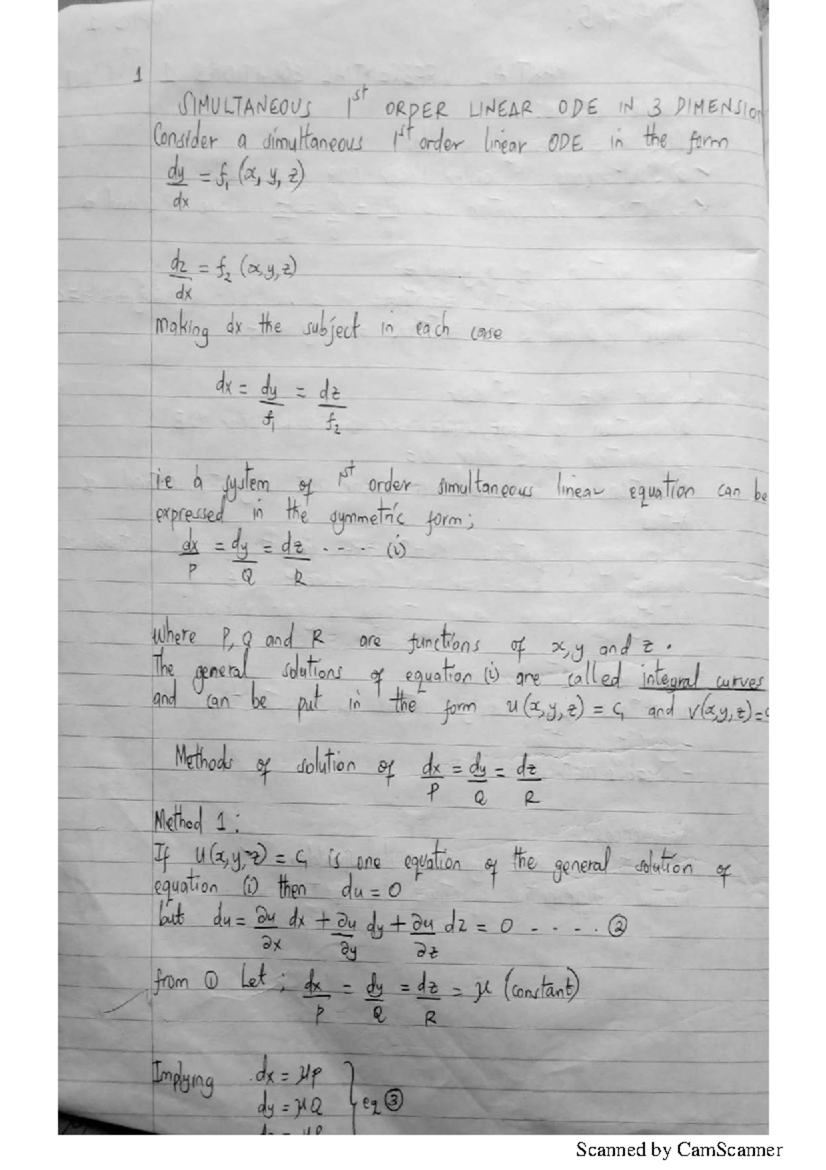 1st Order Linear ODEs in 3D: Methods & Solutions (PDE) - Studocu