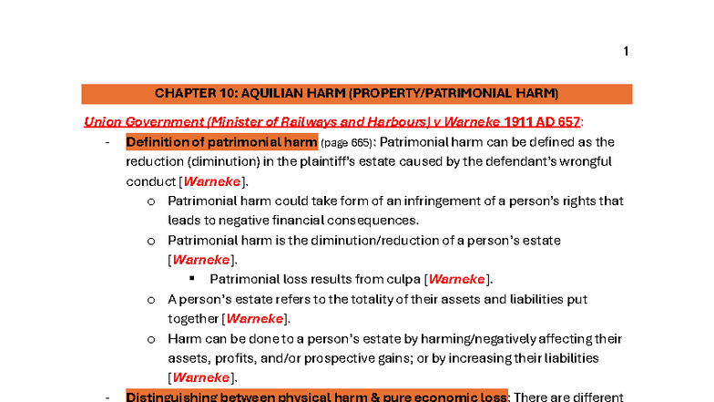 Delict TEST 4 PREP - Preparation for test - CHAPTER 10: AQUILIAN HARM ...
