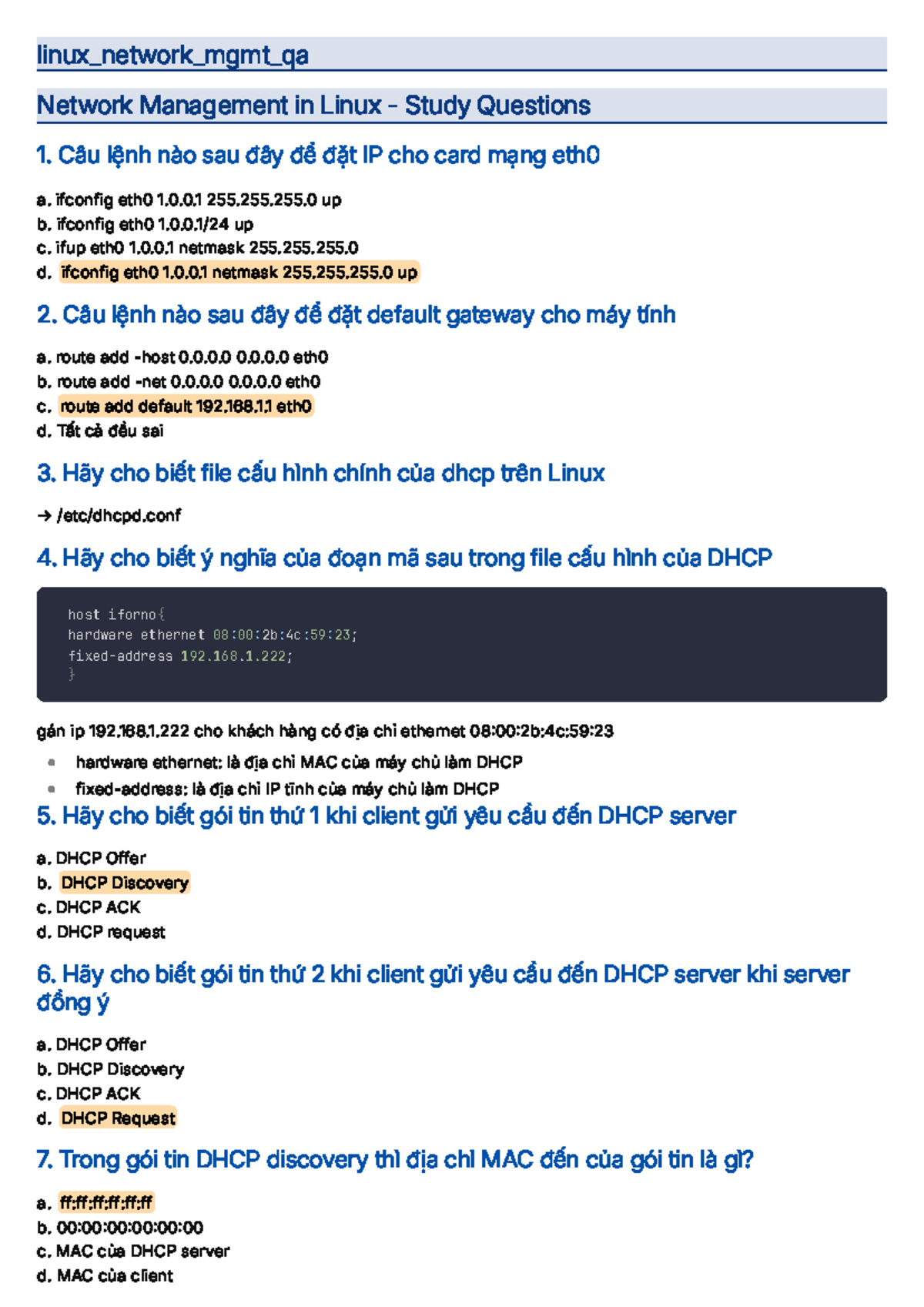 Ôn Tập Quản Trị Mạng Linux: Câu Hỏi & Đáp (linux_network_mgmt_qa) - Studocu
