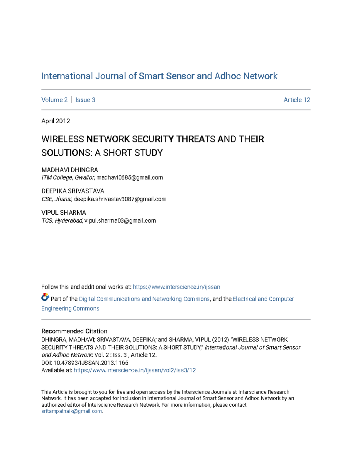 Wireless Network Security Threats AND Their Solutions A Short S ...
