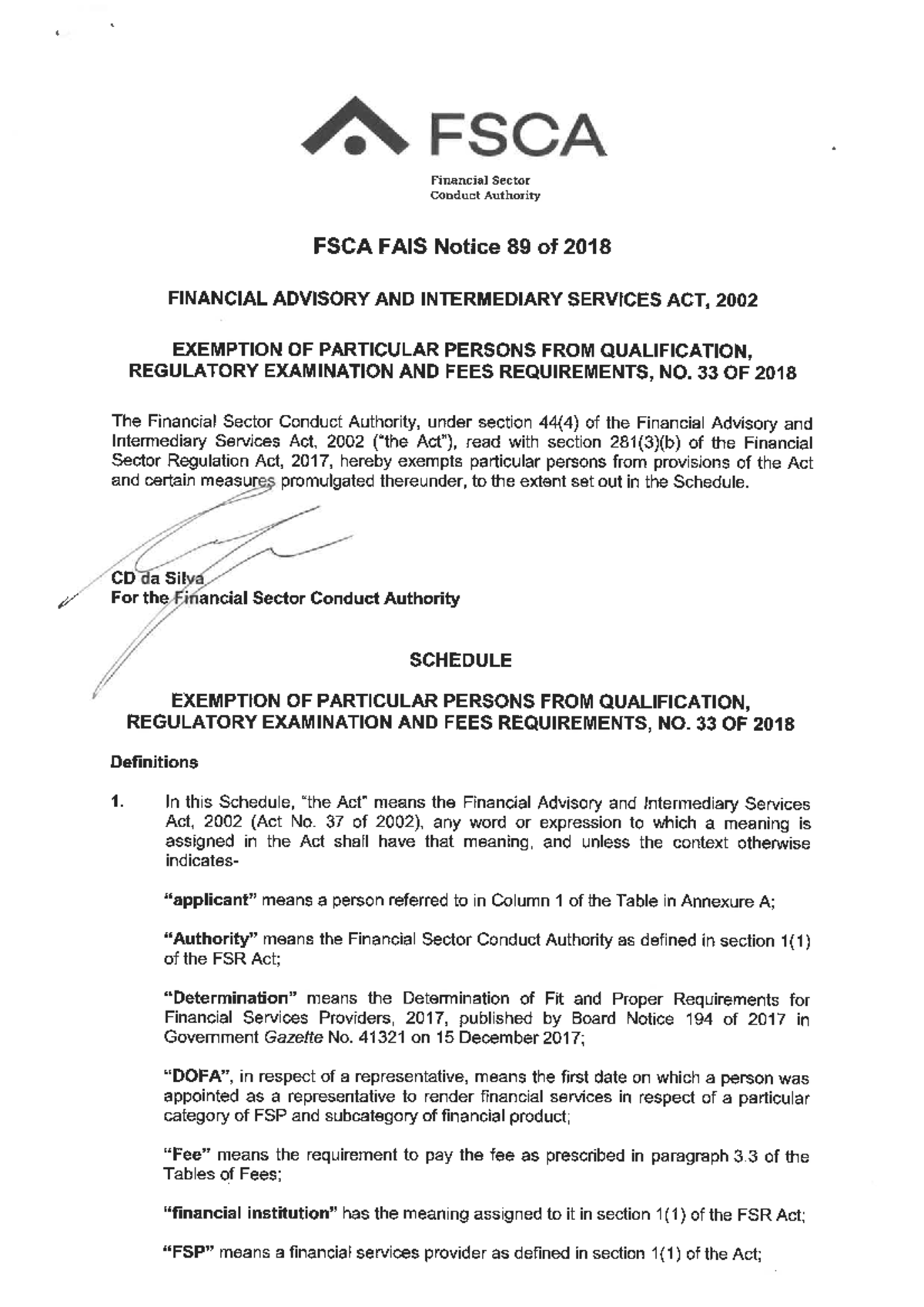 FSCA FAIS Notice 89 of 2018: Exemptions from Qualification & Fees - Studocu