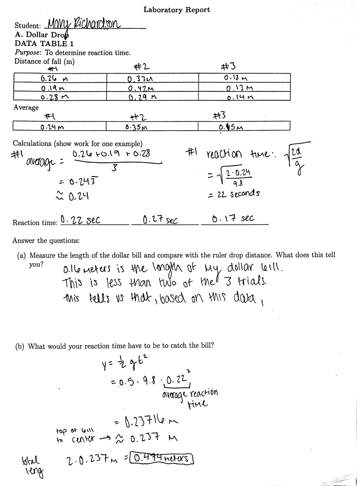 Dollar drop physics 1 lab 1 - Laboratory Report Student: A. Dollar Mavy ...