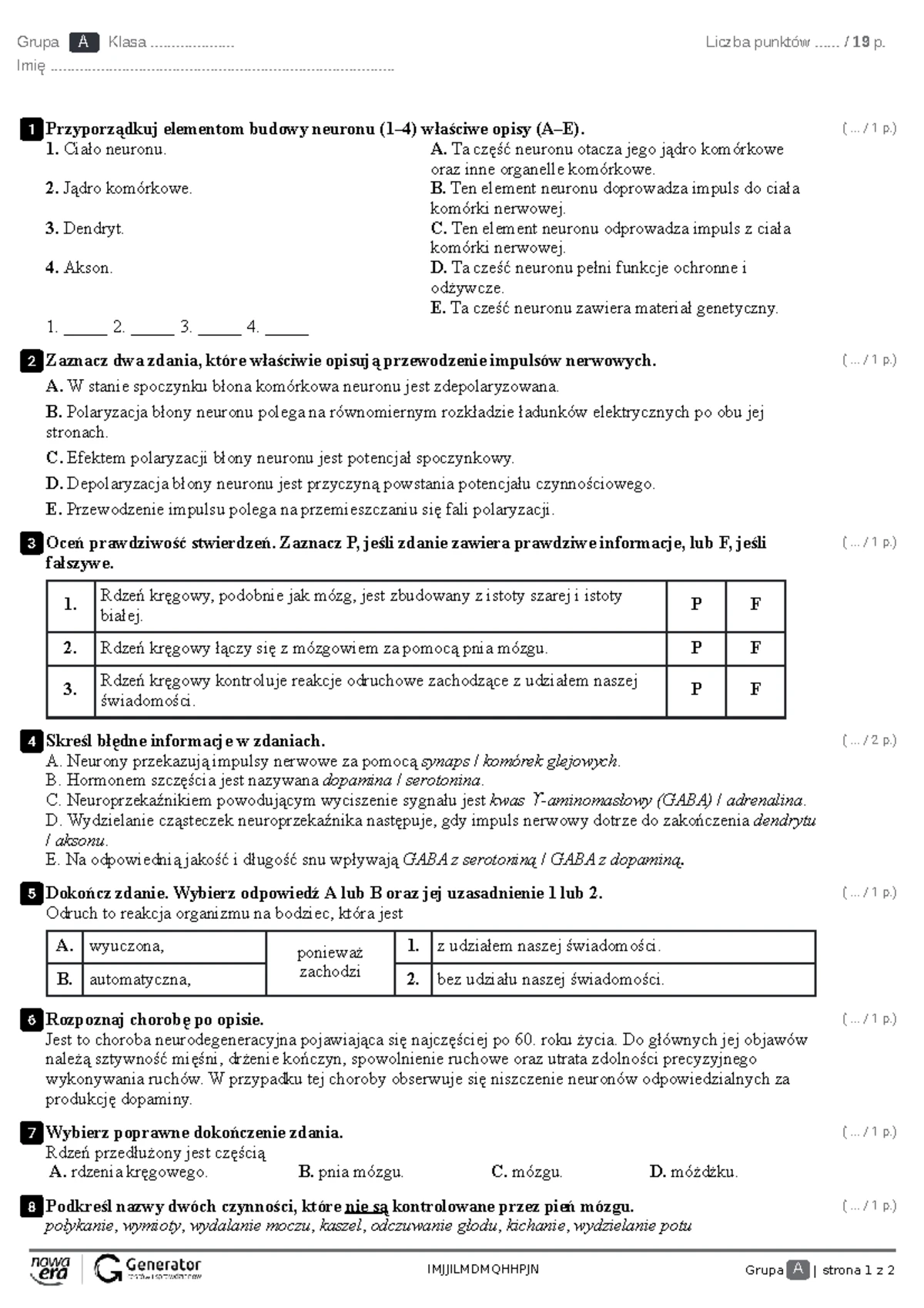 Sprawdzian Z Układu Nerwowego świat Biologii 2 www.studocu.com