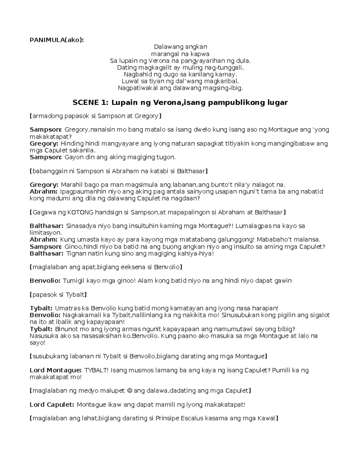 **Title: Romeo and Juliet Script (FIL101) - Act I Scene Breakdown ...