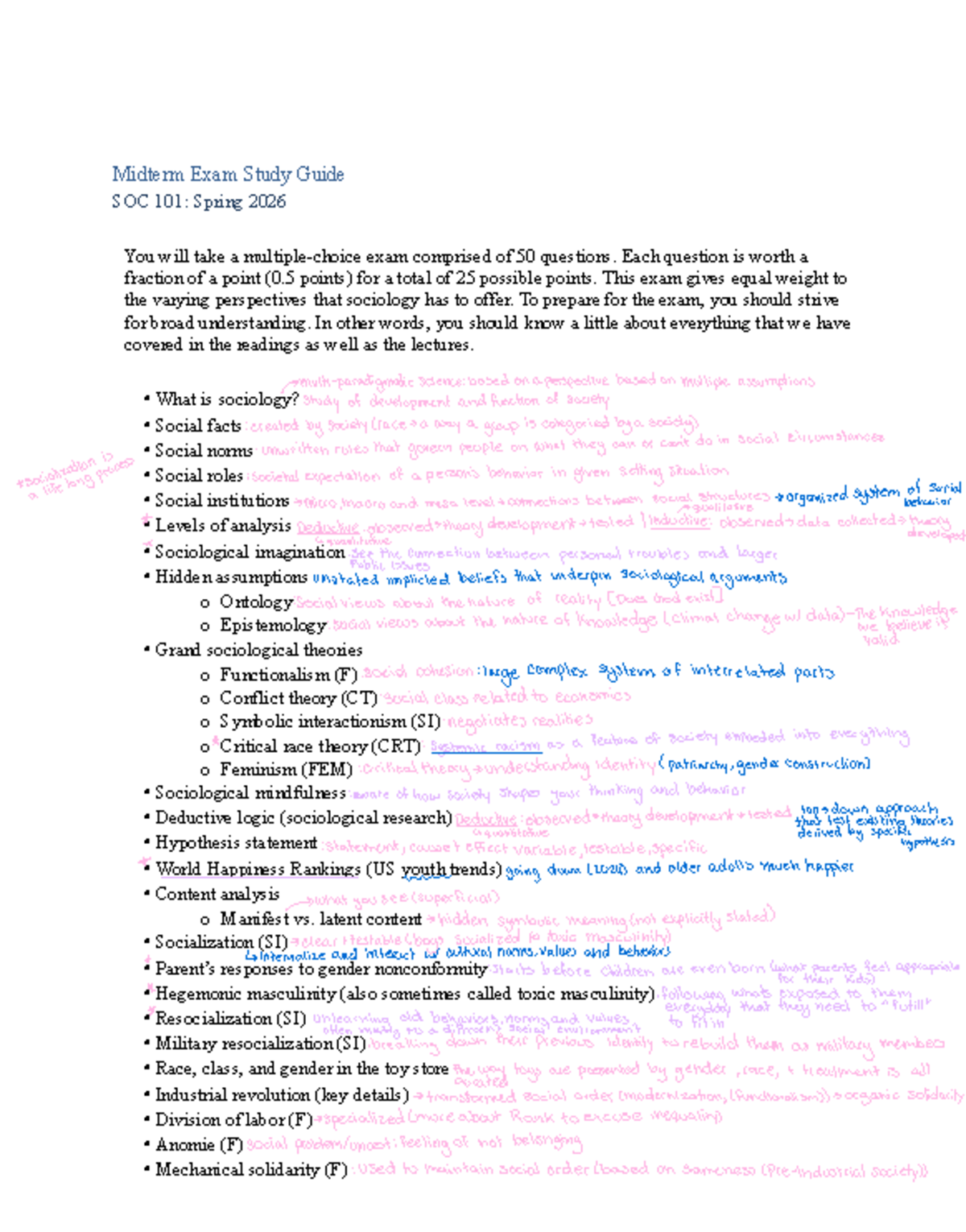 Midterm Exam Study Guide for SOC 101 - Spring 2026 - Studocu