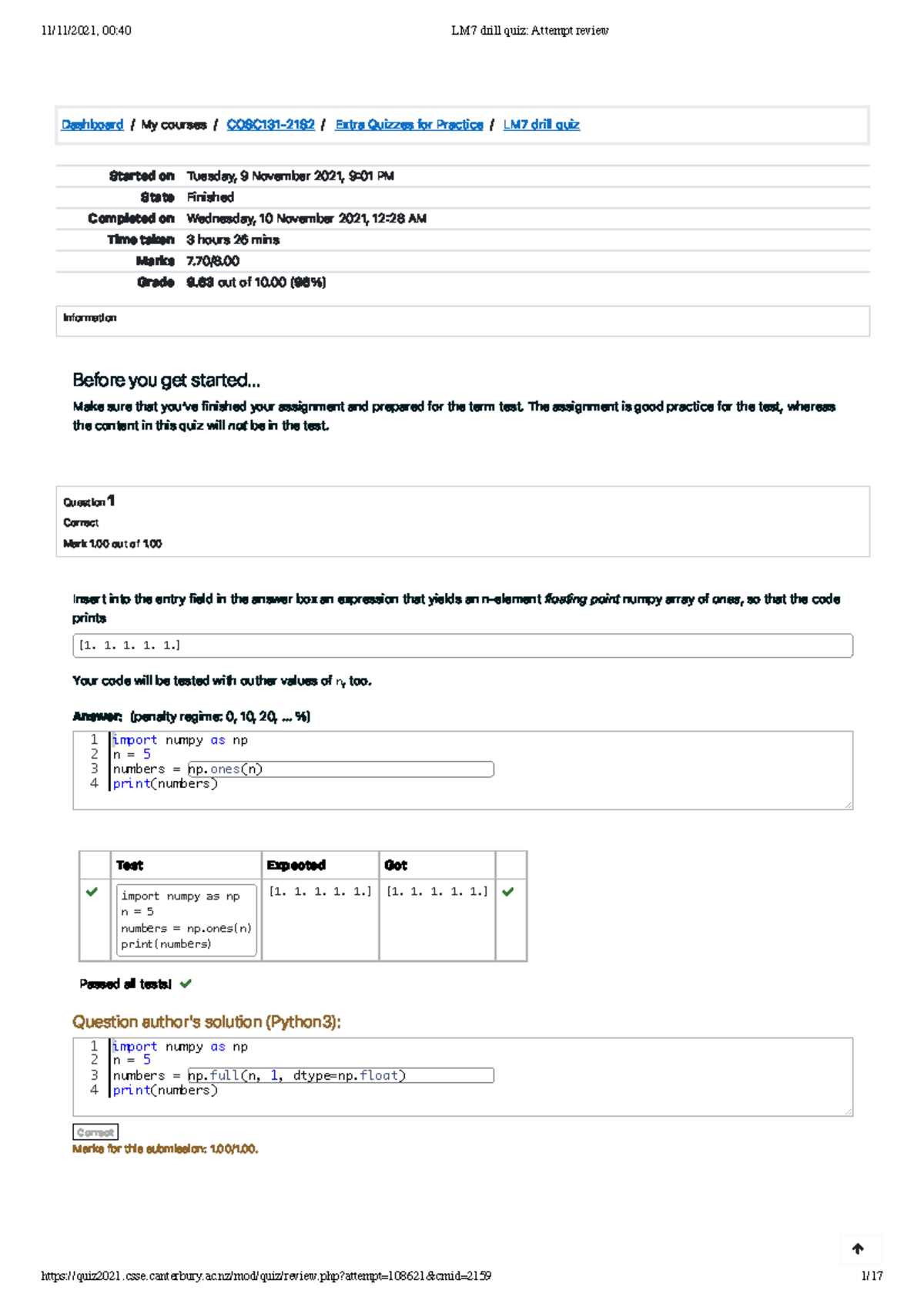 LM7 drill quiz Attempt review - Dashboard/My courses/ COSC131-21S 2 ...