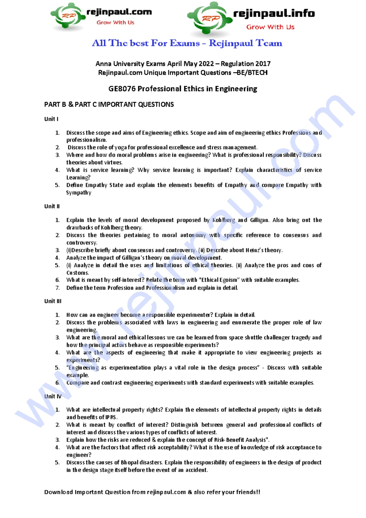 GE8076 Professional Ethics IN Engineering - IVYEAR/VIII SEMESTER ...