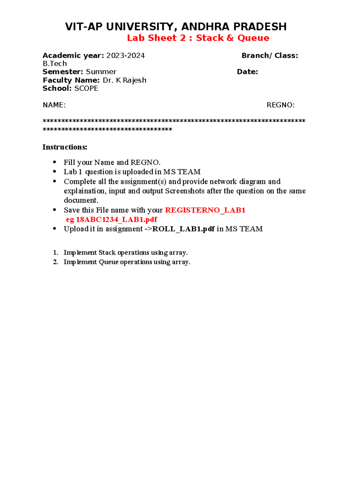 LAB2 - programs - VIT-AP UNIVERSITY, ANDHRA PRADESH Lab Sheet 2 : Stack ...