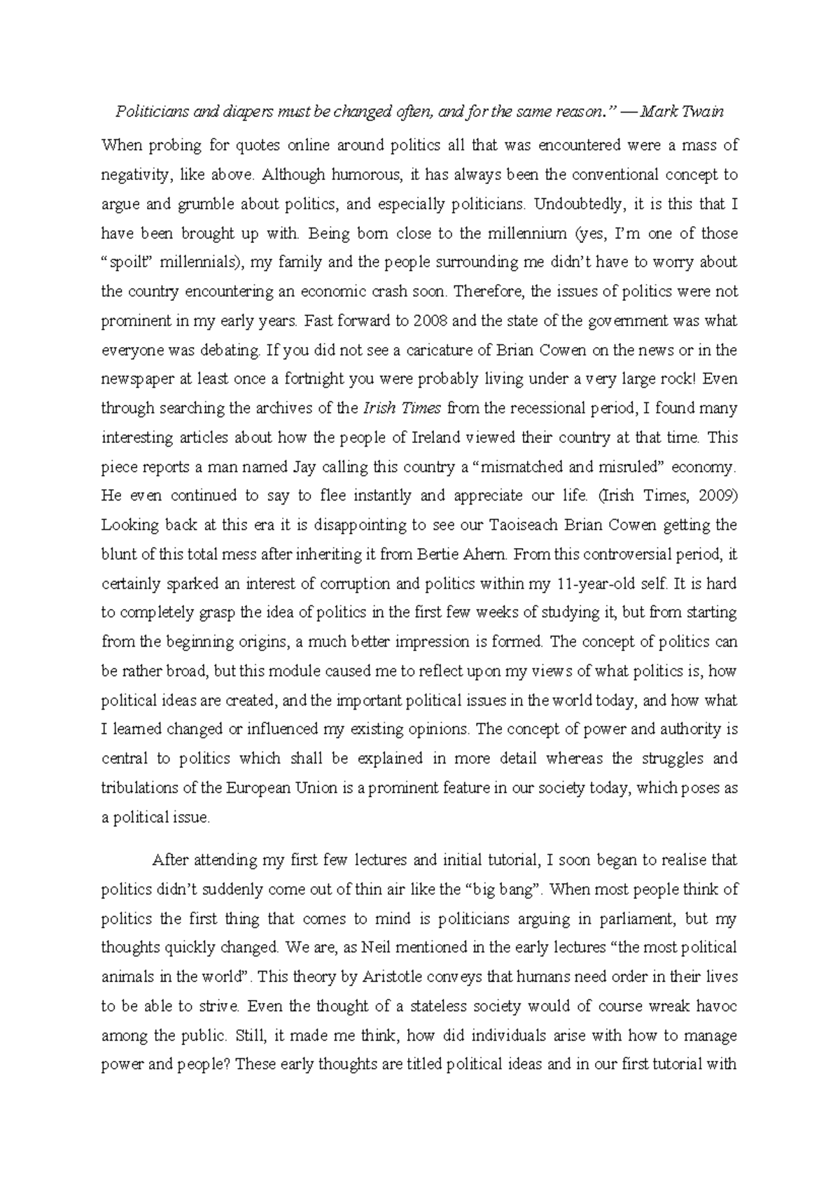 POL 101: Reflections on Politics and Power Dynamics in Ireland - Studocu