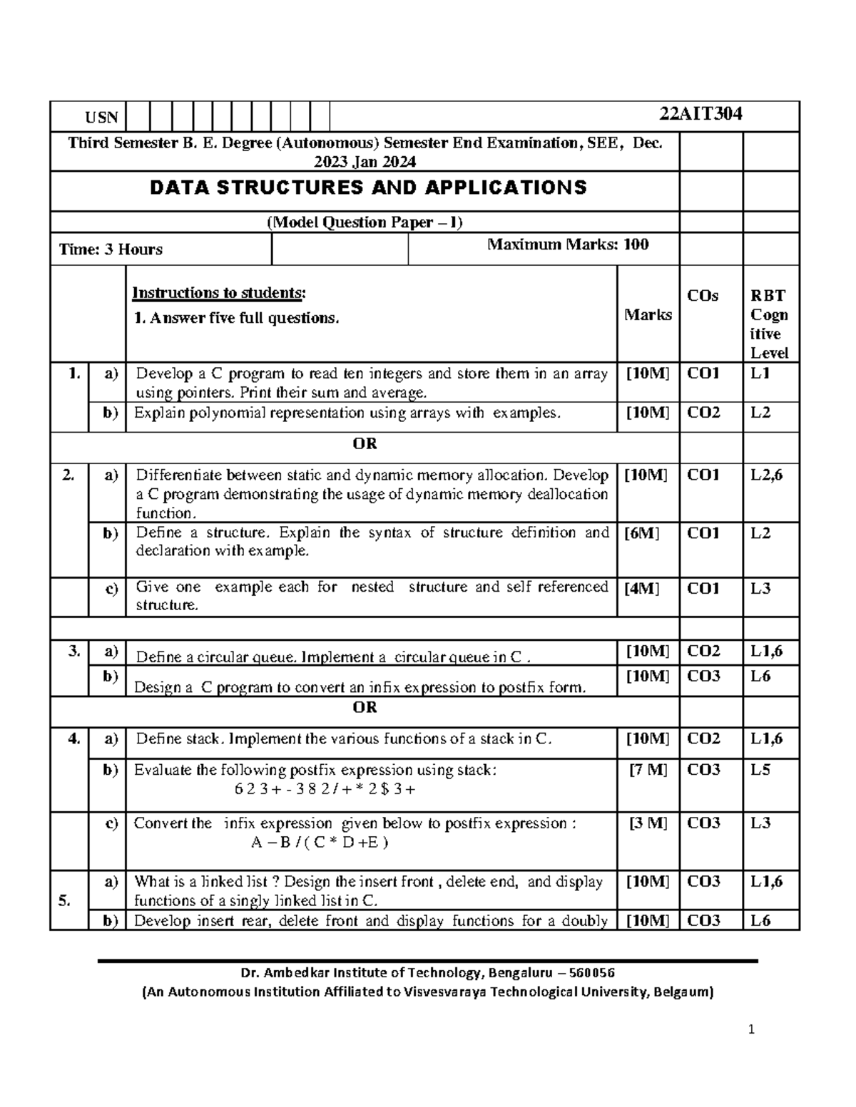 22AIT304-DS-2023 Model QP for Data Structures & Applications Exam - Studocu