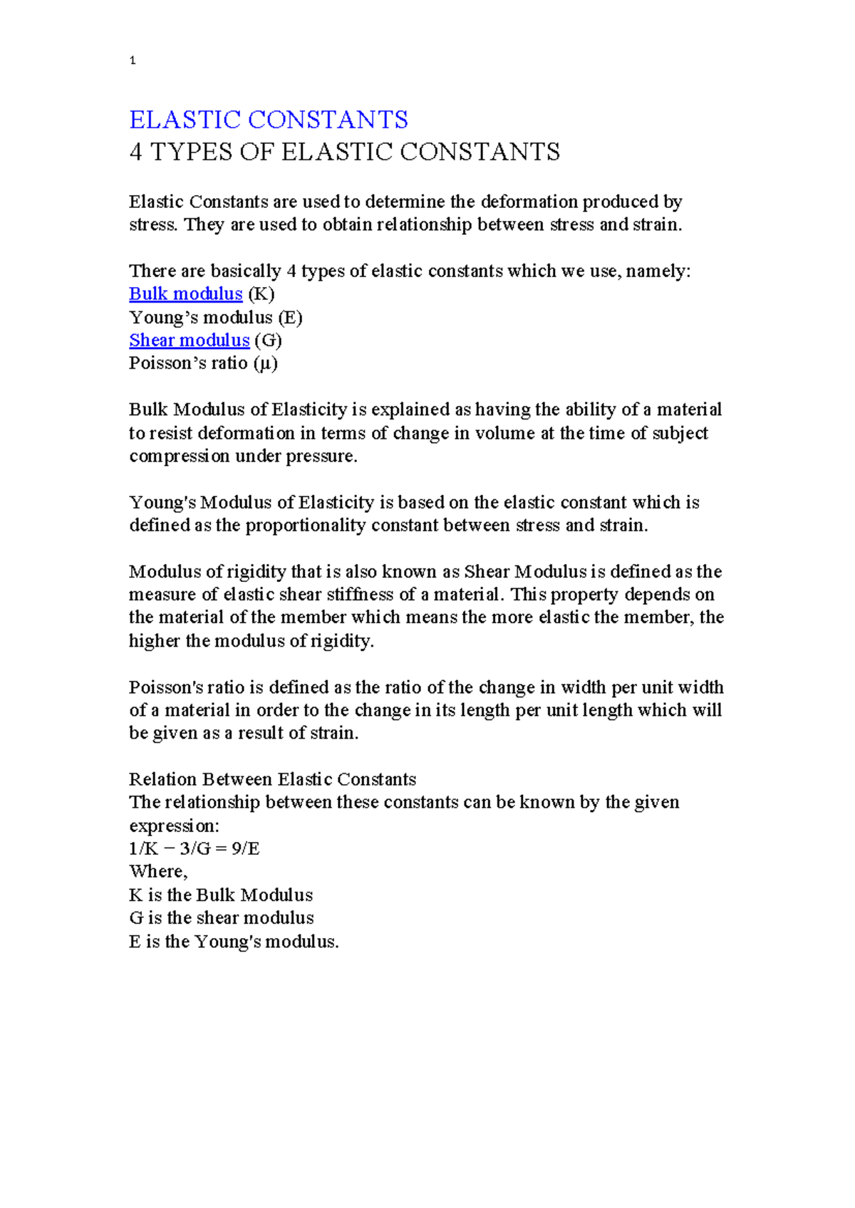 Applied Physics - Types of Elastic Constants (1 ELASTIC CONSTANTS ...