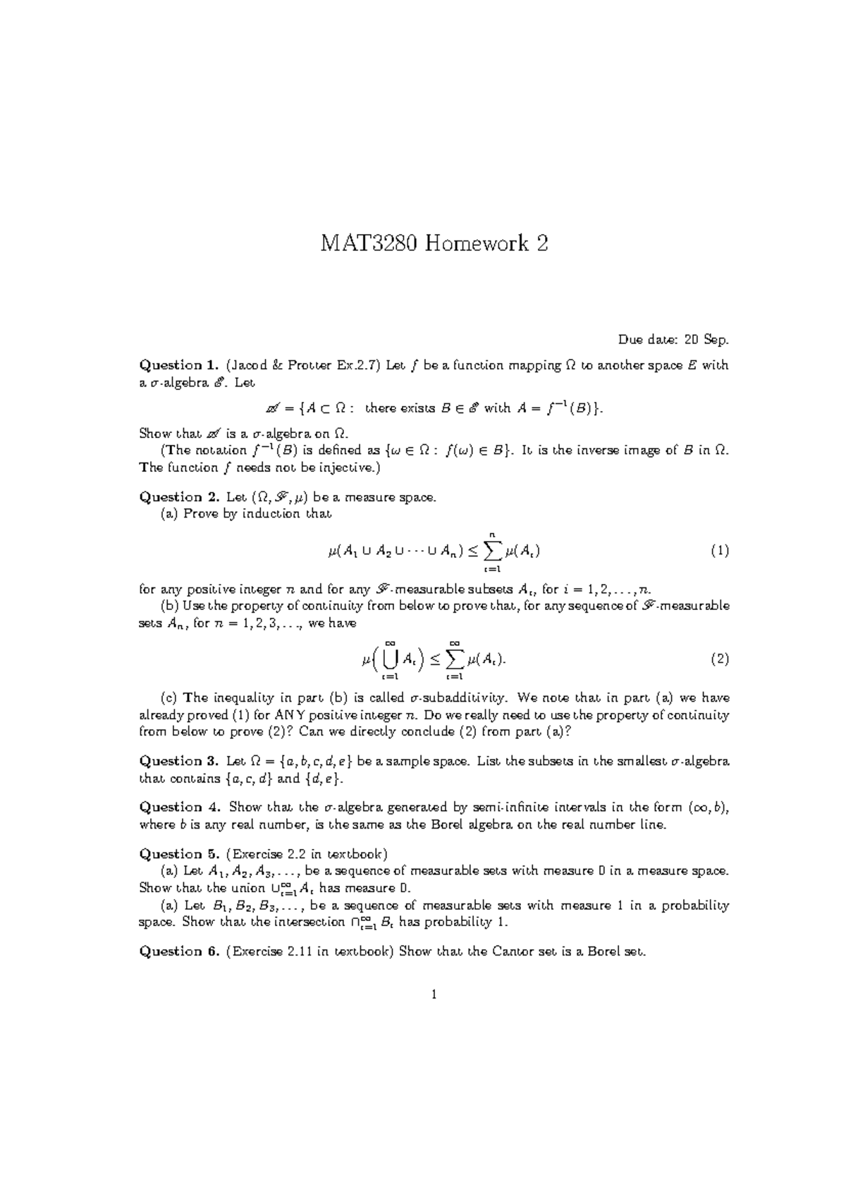 MAT3280 Homework 2: Properties of σ-Algebras and Measure Theory - Studocu