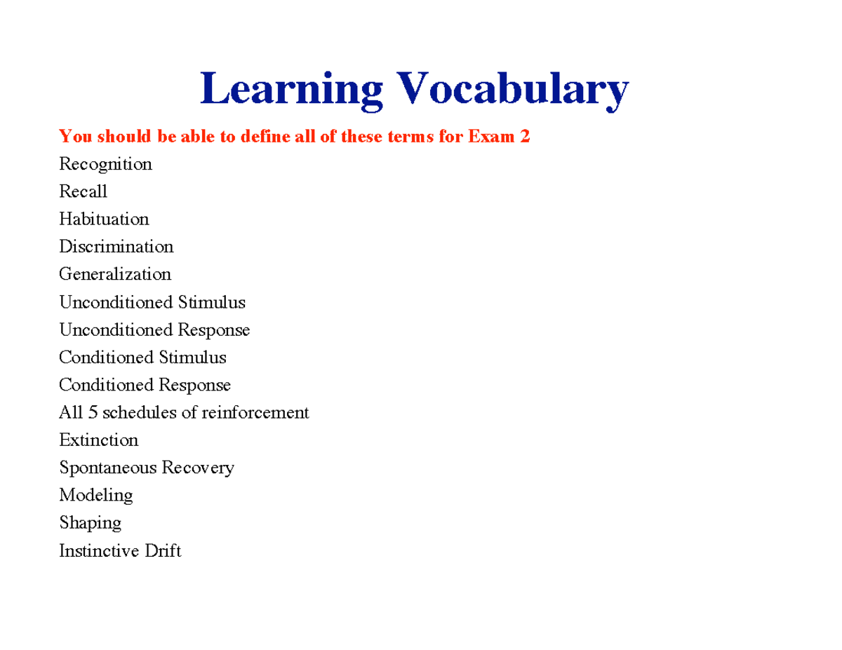 Learning Concepts and Terms for Psychology Exam 2 Review - Learning ...