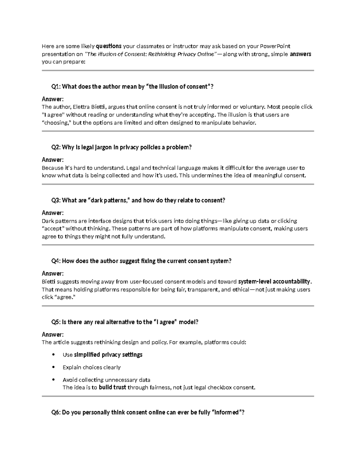 FAQ - Practice Questions on Illusion of Consent (Privacy) - Studocu