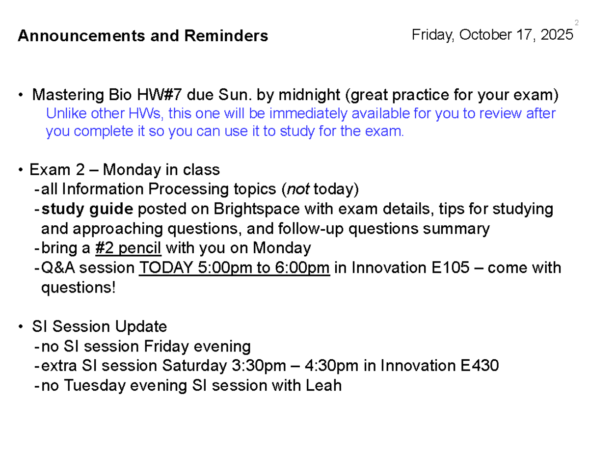 Announcements and Study Guide for Bio Exam 2 - Studocu