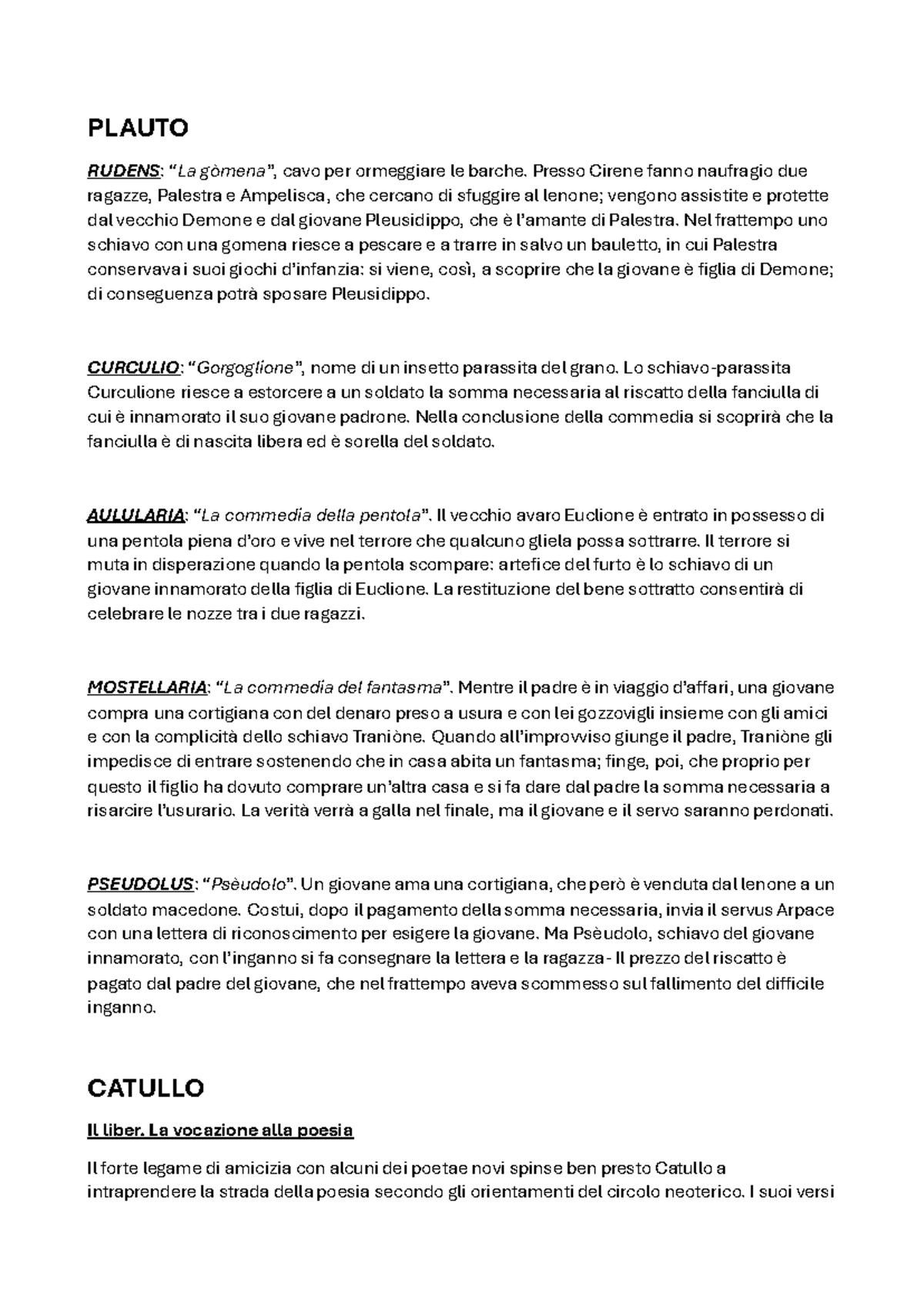 Latino Testi 1: Analisi delle Commedie di Plauto e Catullo - Studocu