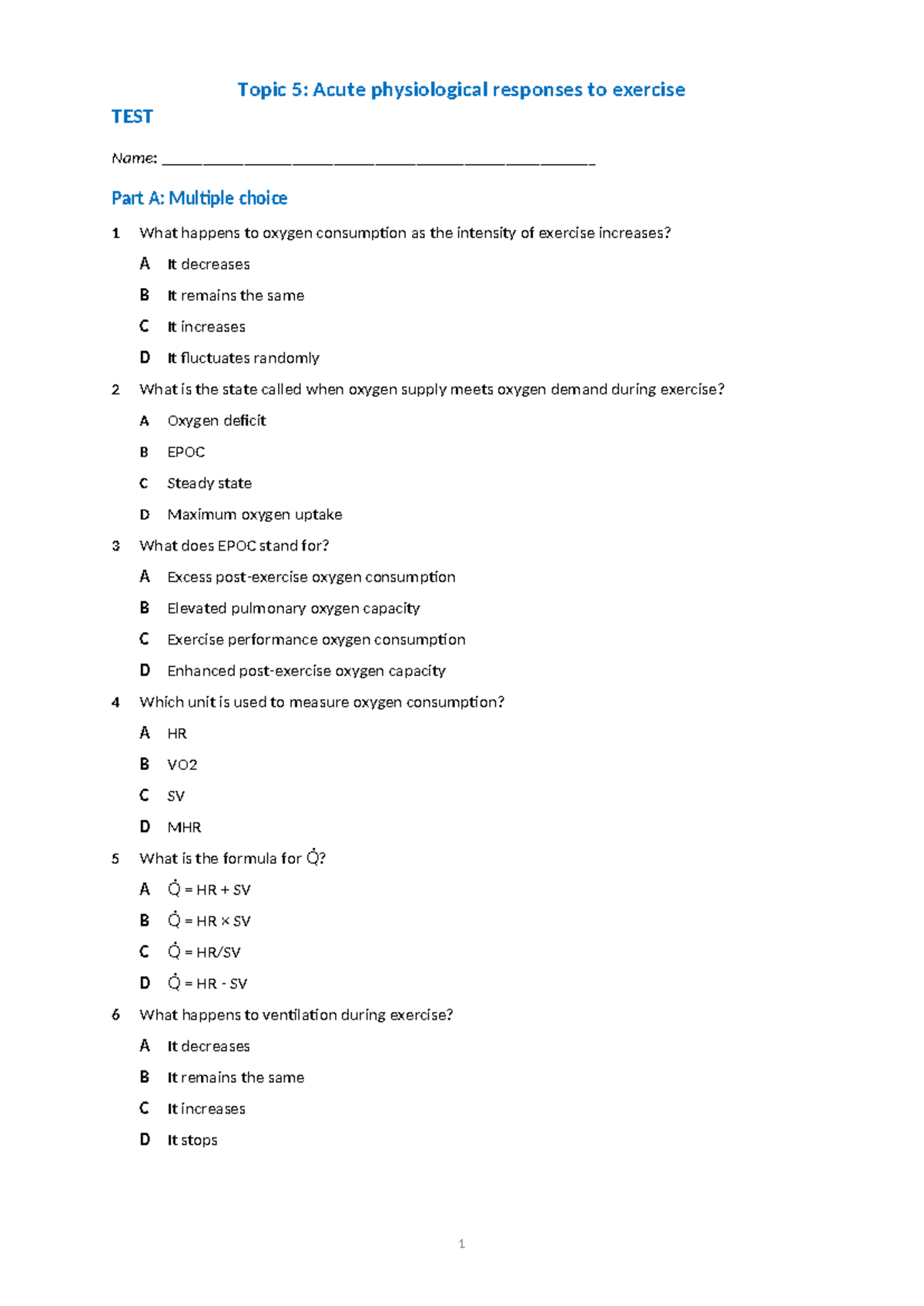 Topic 5 - Acute physiological responses to exercise - Topic 5: Acute ...