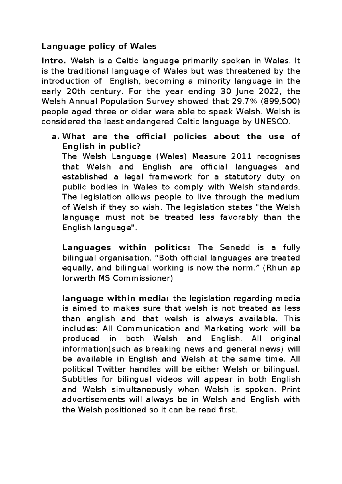 WELSH 101: Language Policy in Wales - An Overview and Analysis - Studocu