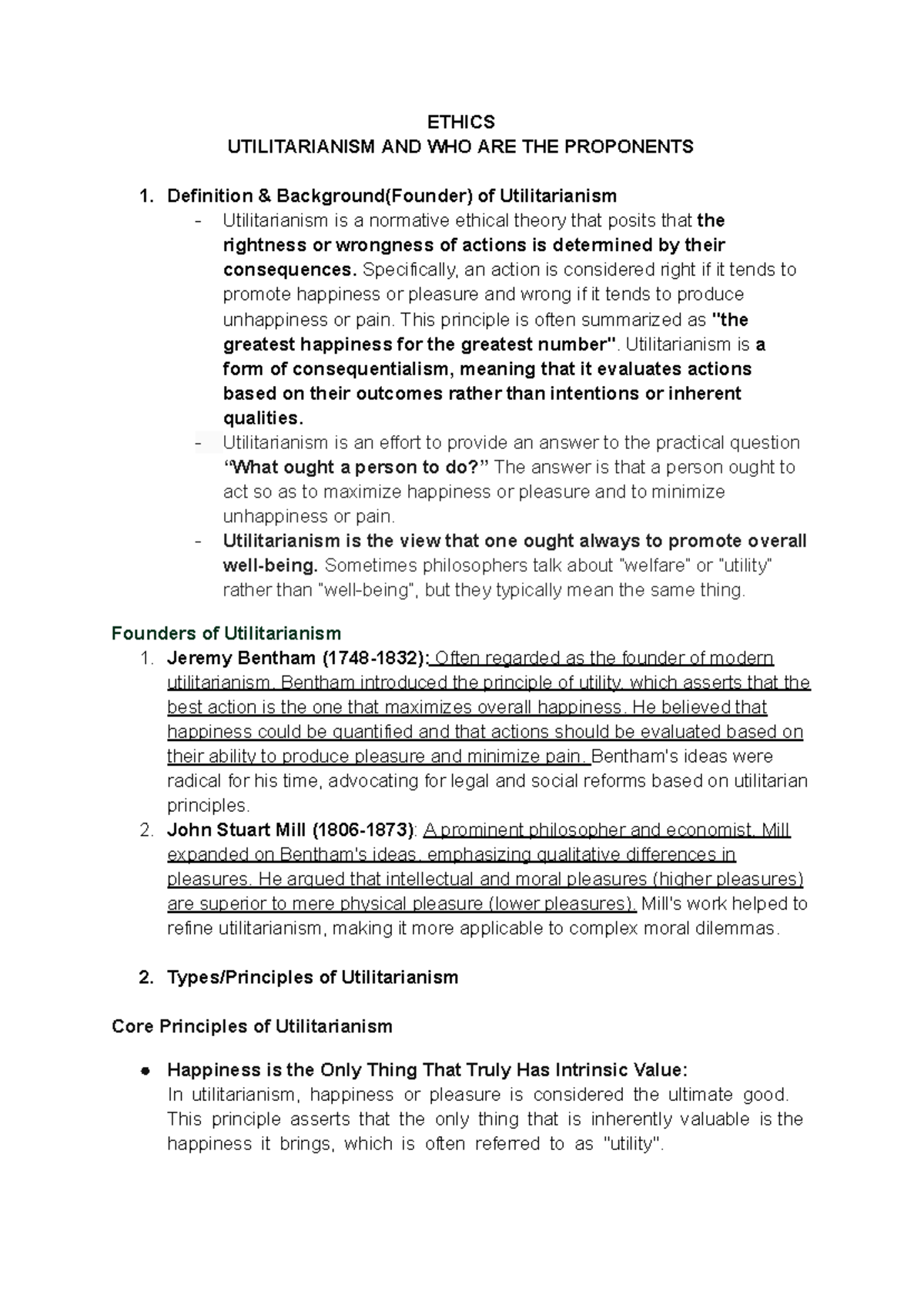 ETHICS 101: Proponents of Utilitarianism and Their Contributions - Studocu