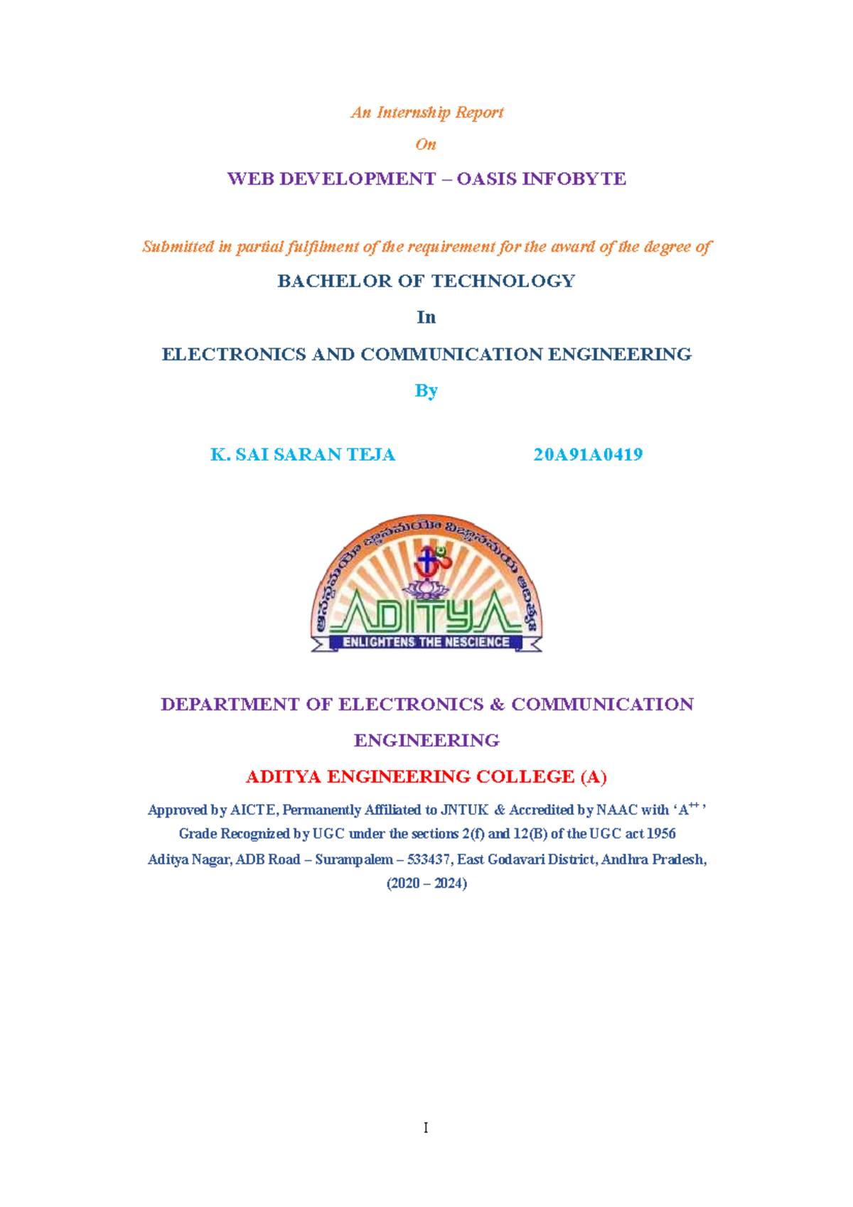 Internship Report on Web Development - B.Tech ECE 20A91A - Studocu