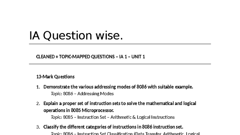 Unit 1 - IA Questions on 8085 & 8086 Microprocessor Concepts - Studocu