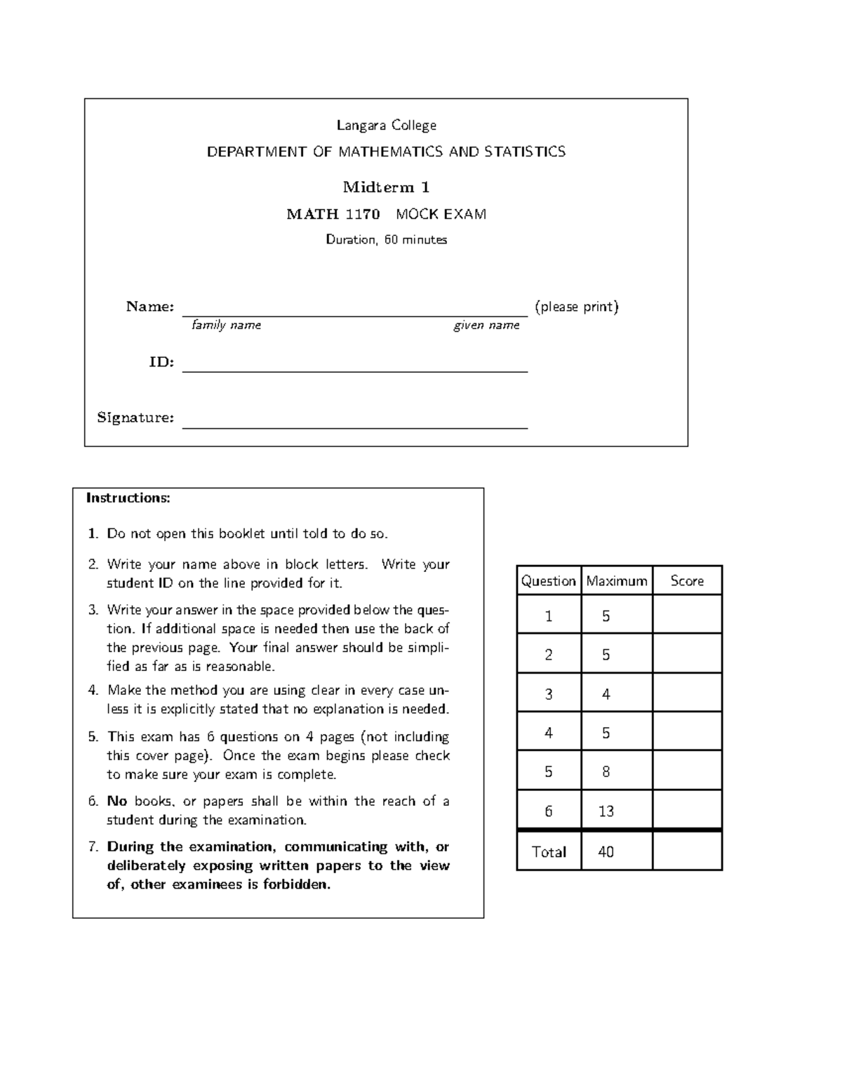 MATH 1170 Midterm 1 Mock Exam - Mathematics & Statistics - Studocu