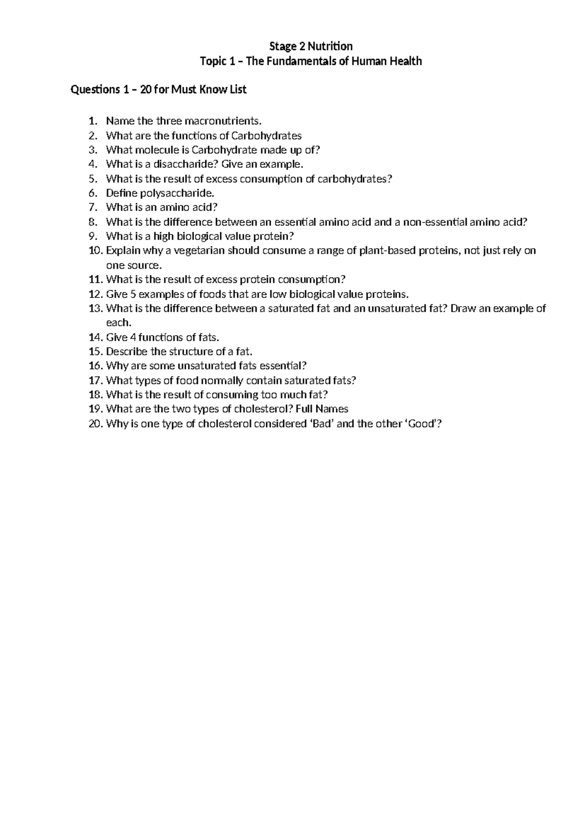 Stage 2 Nutrition: Topic 1 - Key Questions & Answers (1-20) - Studocu