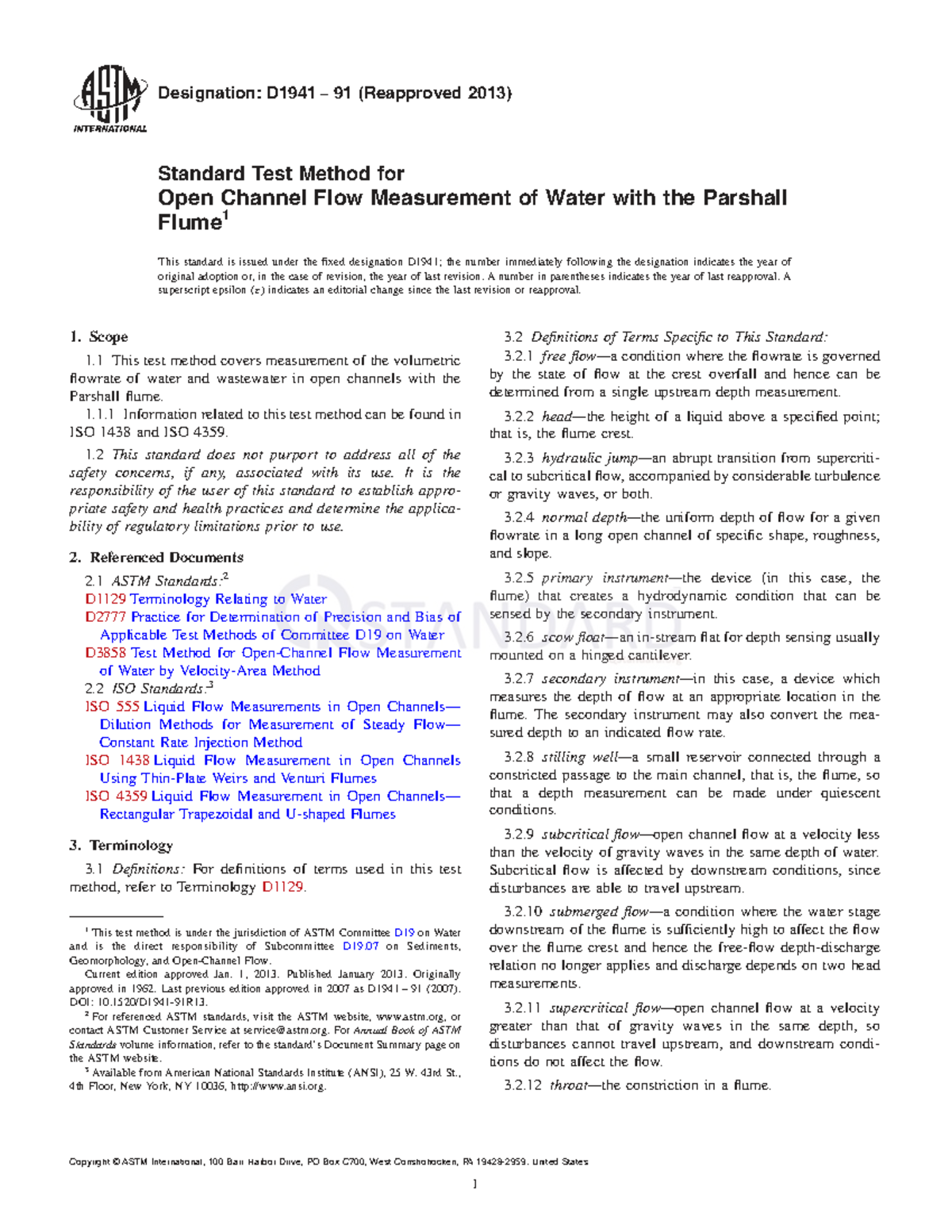 Standard Test Method for Open Channel Flow Measurement Using Parshall ...