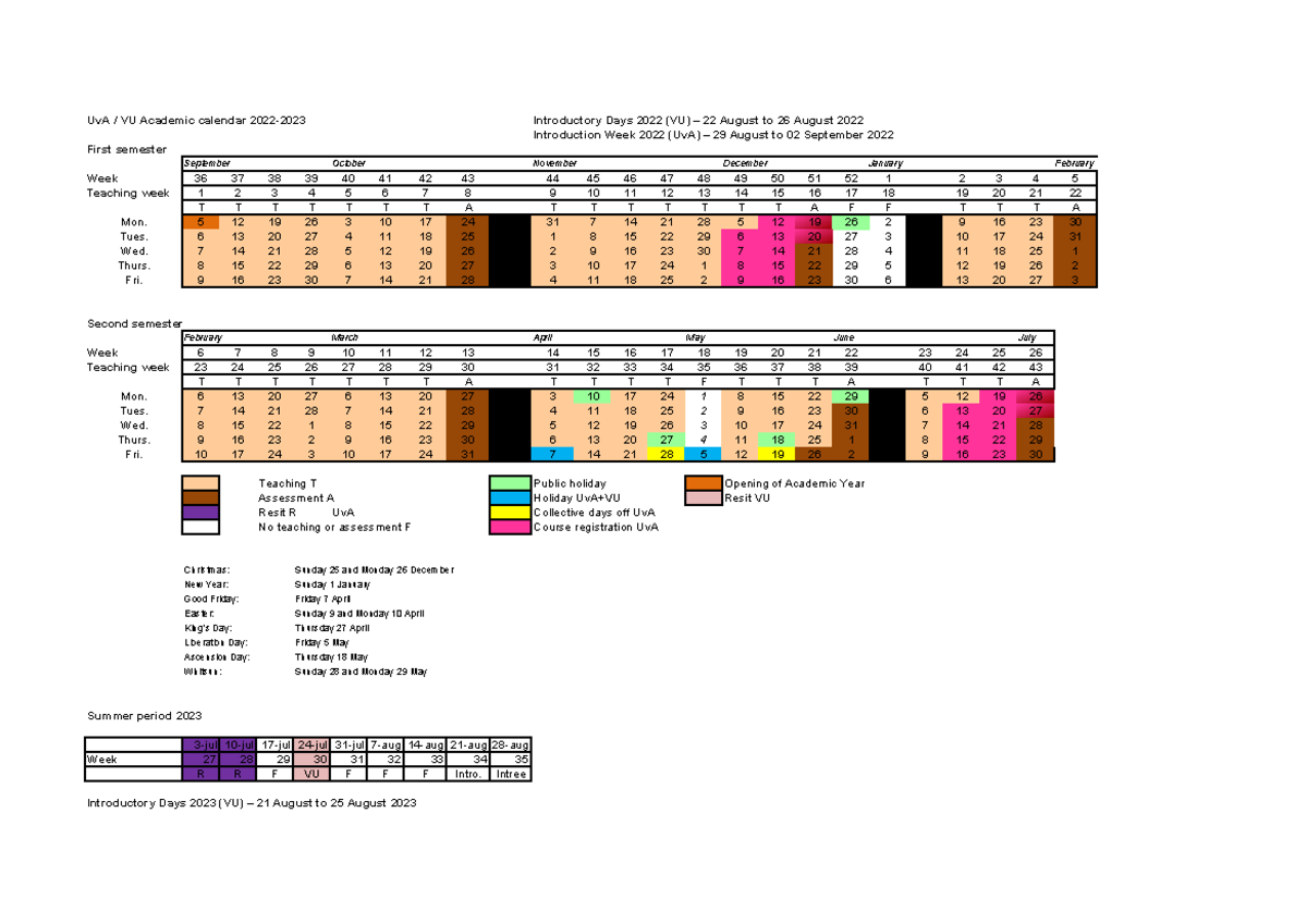 Uv A 202223 Acamedische Kalender UvA / VU Academic calendar 20222023 Introductory Days 2022