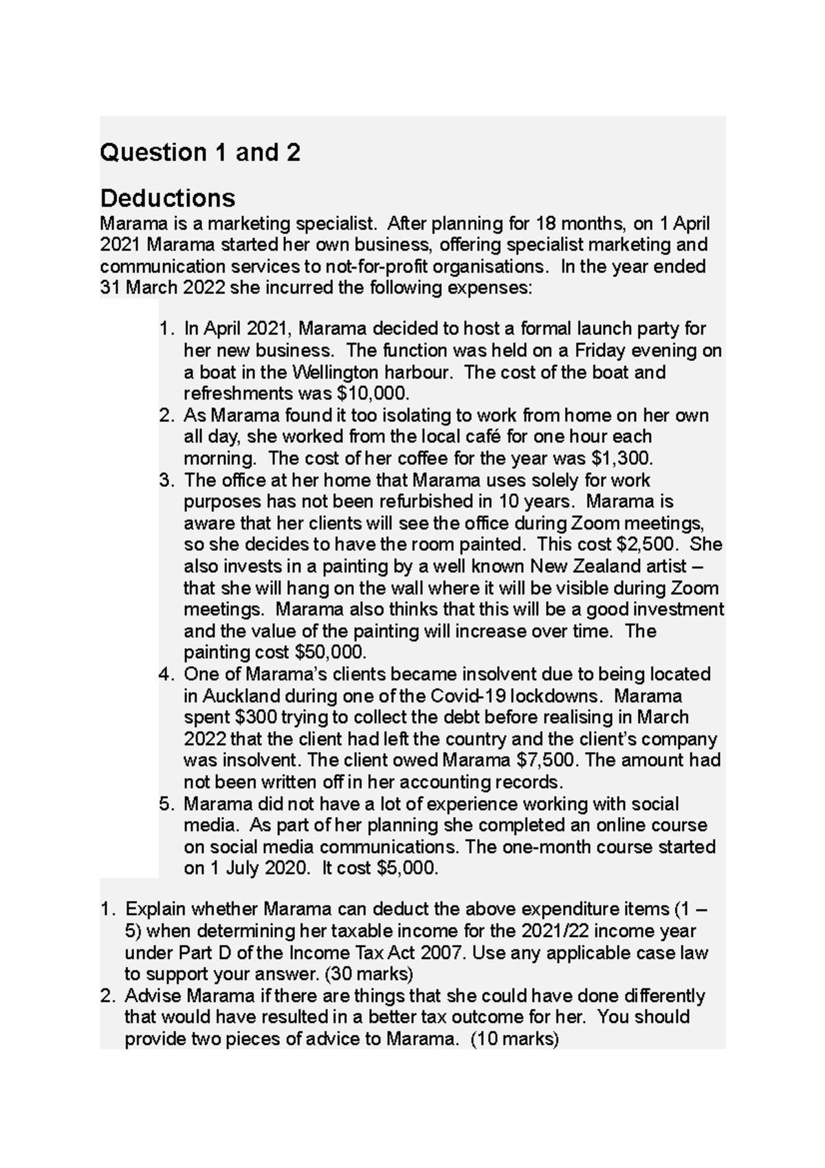 TAXN201 Final Questions on Deductions and Depreciation Analysis - Studocu