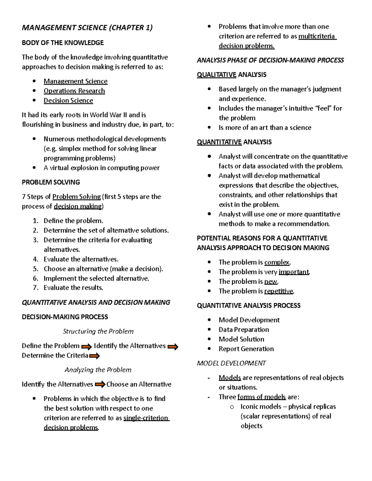 Management Science Chapter 1 Reviewer: Key Concepts & Techniques - Studocu