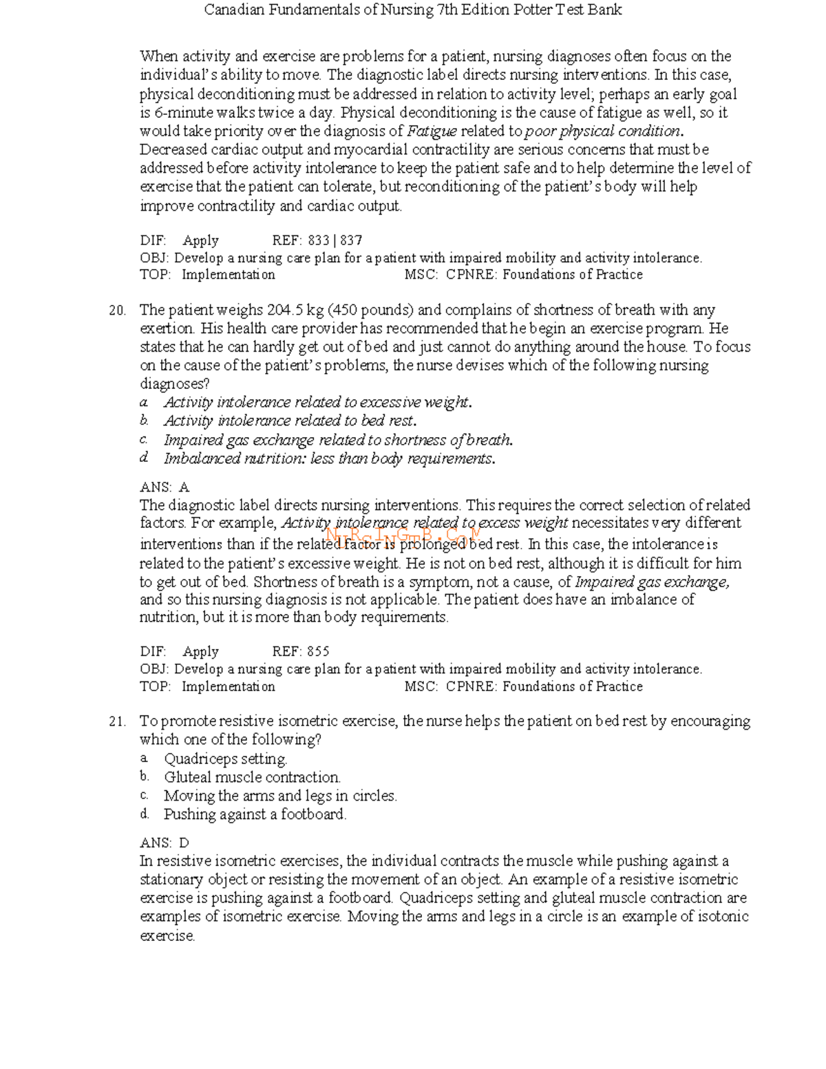 Canadian Fundamentals of Nursing 7th Ed. Potter Test Bank - Studocu