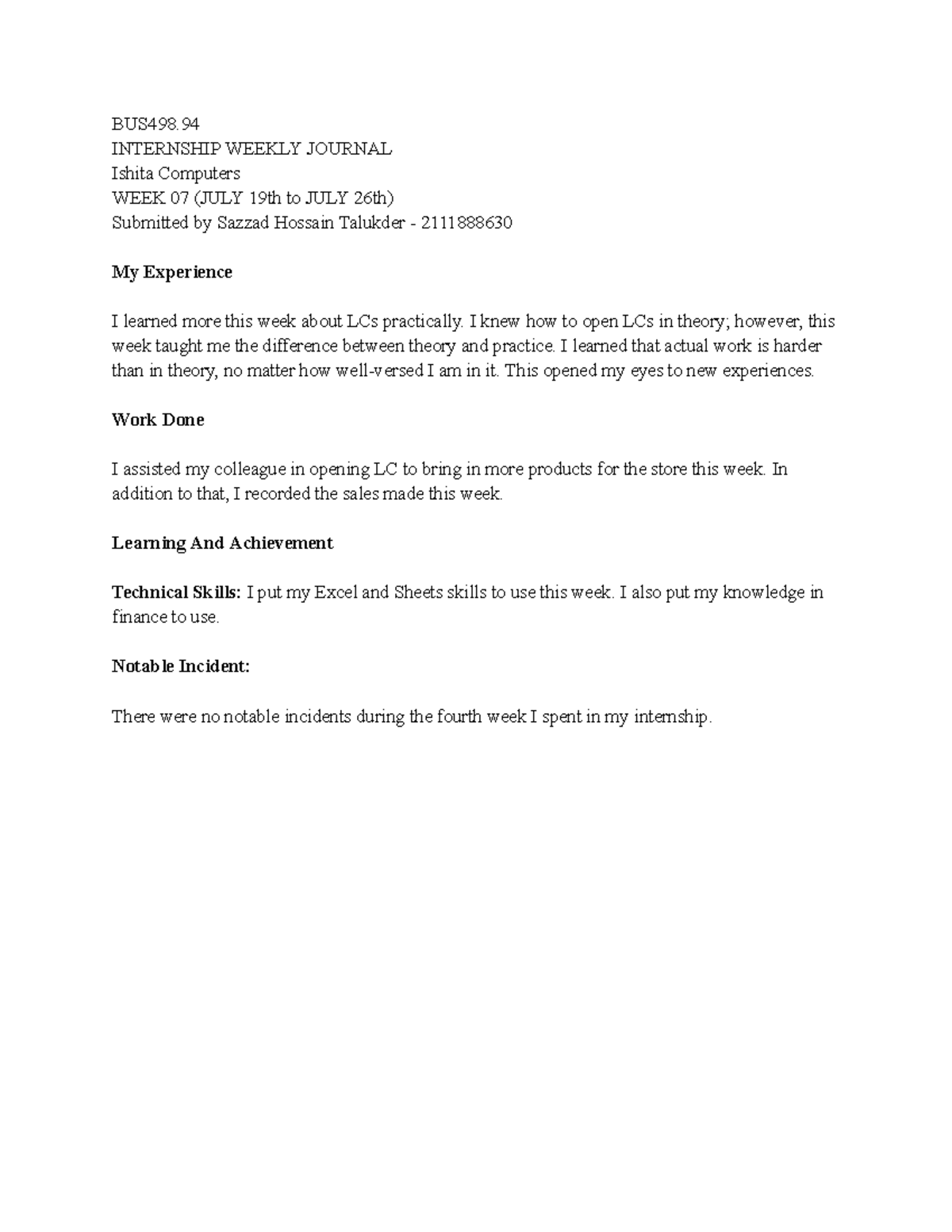 BUS498.94 INTERNSHIP WEEKLY JOURNAL - WEEK 07 REFLECTION - Studocu