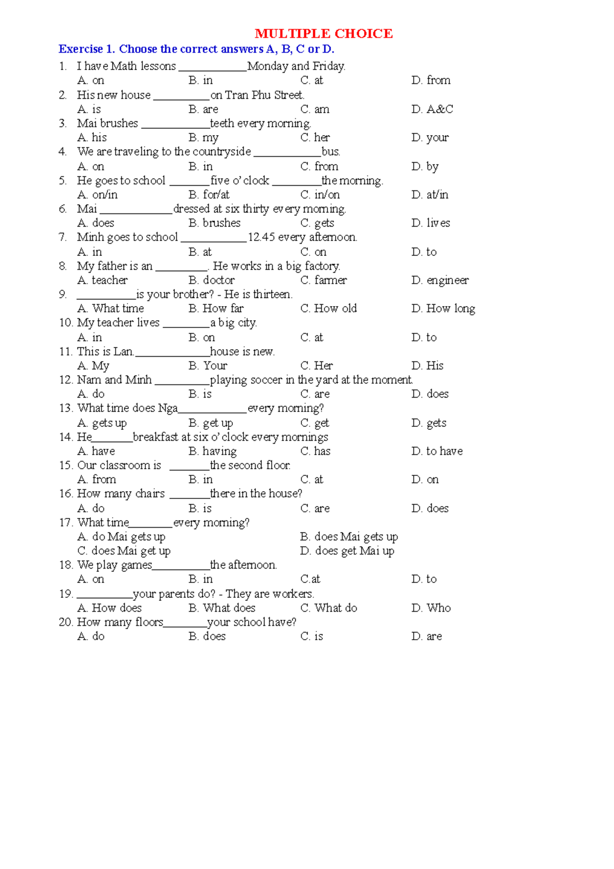 Multiple Choice 2 BÀITiauf - MULTIPLE CHOICE Exercise 1. Choose the ...