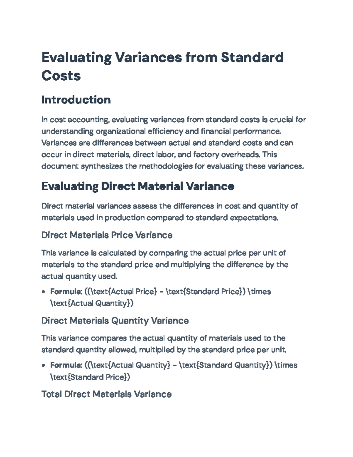 Evaluating Variances from Standard Costs: Methodologies and Analysis ...
