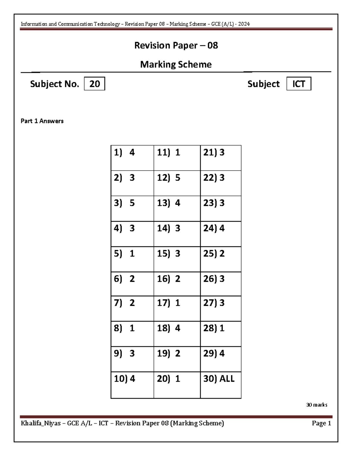 Revision Paper - 08 ( Marking Scheme) - Revision Paper – 08 Marking ...